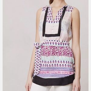 Anthropologie Maeve Silk Istmo Tunic Top, Blouse, Shirt, Purple Motif Patchwork